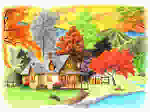 Drawing of a country house by a river and mountains with a dog under a tree