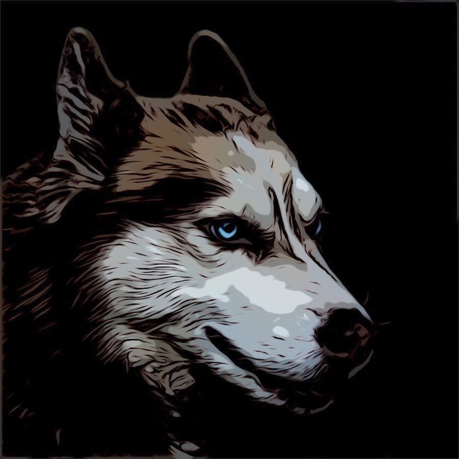 Comic cartoon picture of a Siberian Husky dog with blue eyes