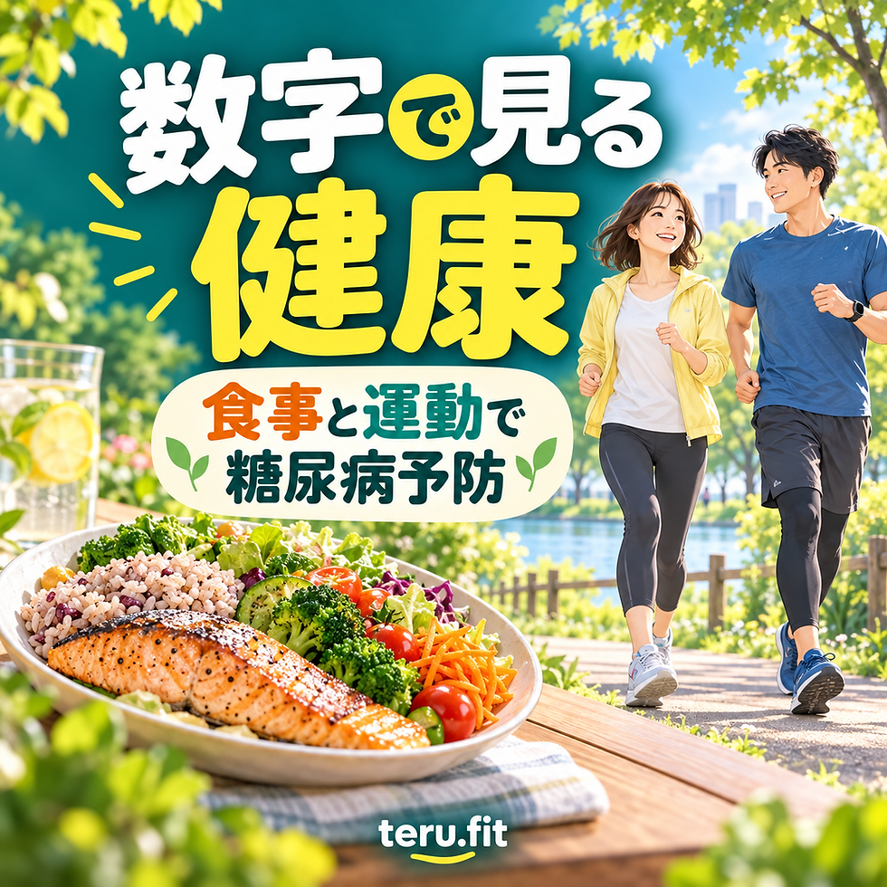 数字で見る健康。食事と運動で糖尿病予防。公園を歩く男女とバランスの良い食事のイラスト。
