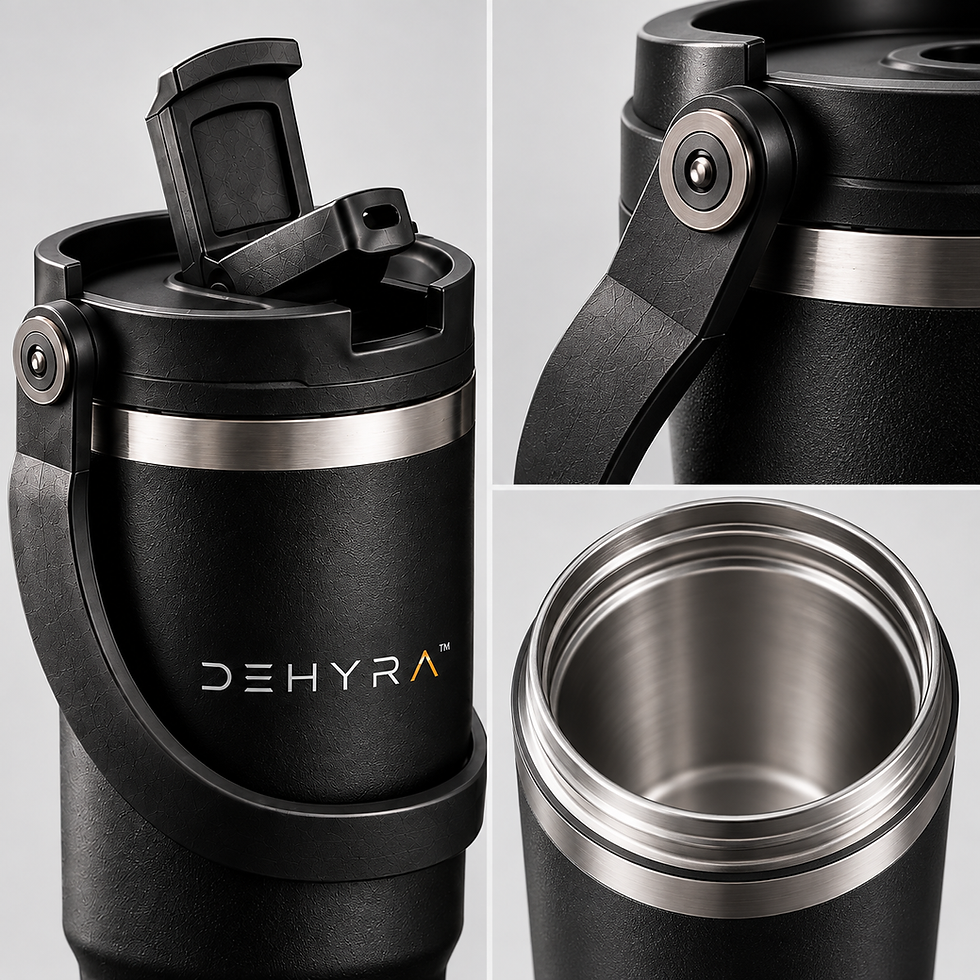 DEHYRA Trek 900ml tumbler showing flip-top lid, carry handle hinge and stainless steel interior