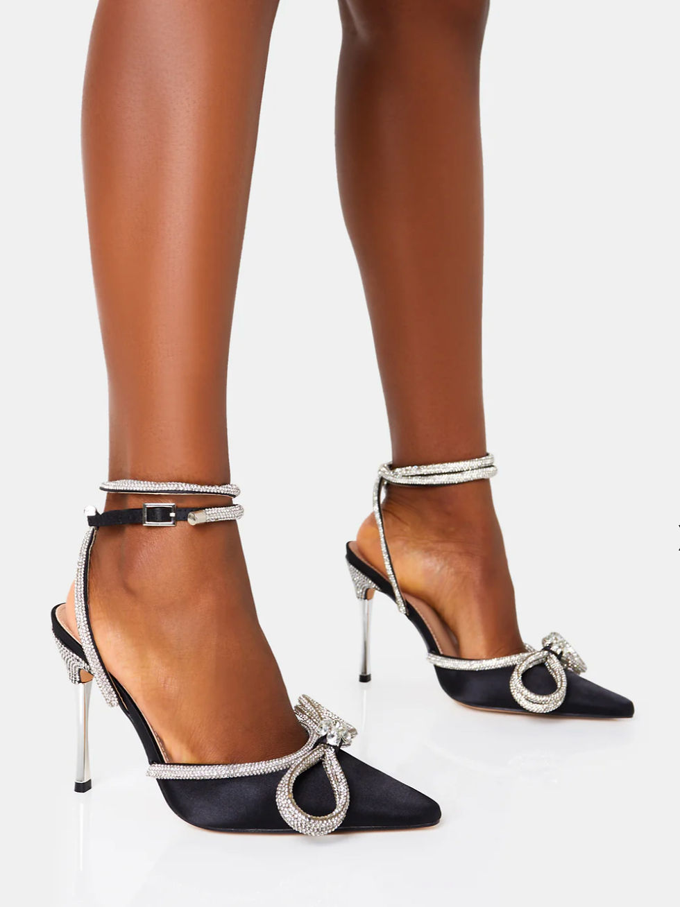 Midnight Wide Fit Black Wrap Around Diamante Bow Pointed Toe High Heel