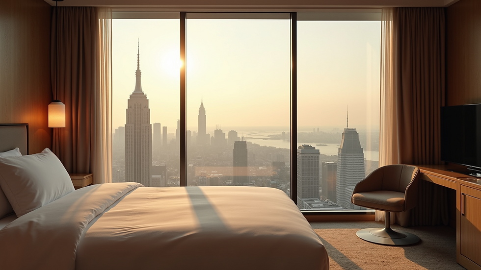Eye-level view of luxury hotel suite with panoramic city view