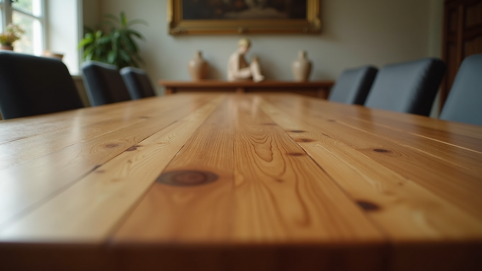 Eye-level view of a handcrafted wooden dining table with intricate details