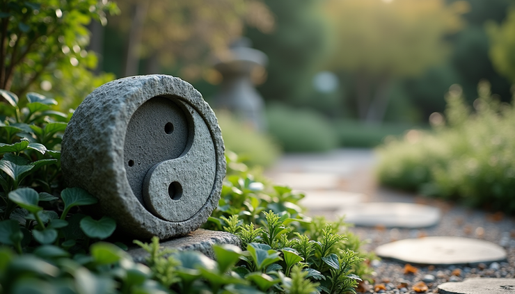 Eye-level view of a traditional yin and yang symbol carved in stone on a garden path