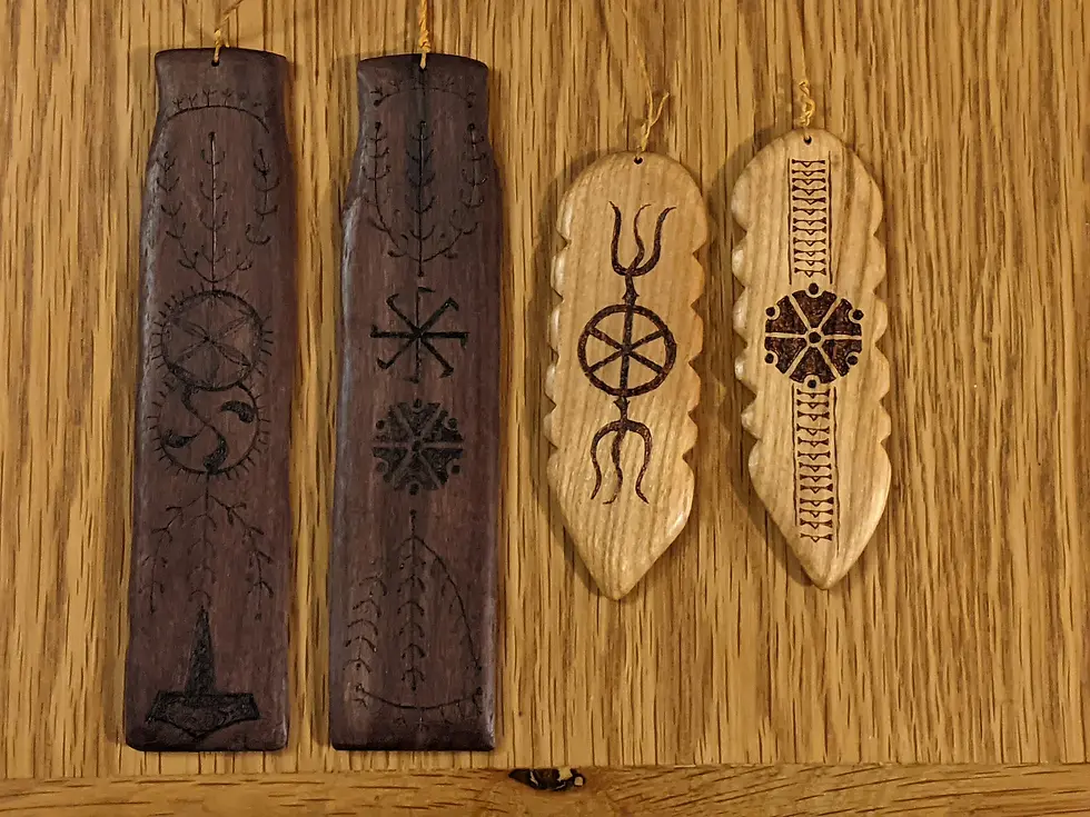 Thumbnail: Hand-Carved Traditional Wooden Bullroarer with Pyrography - oak/walnut/cherry