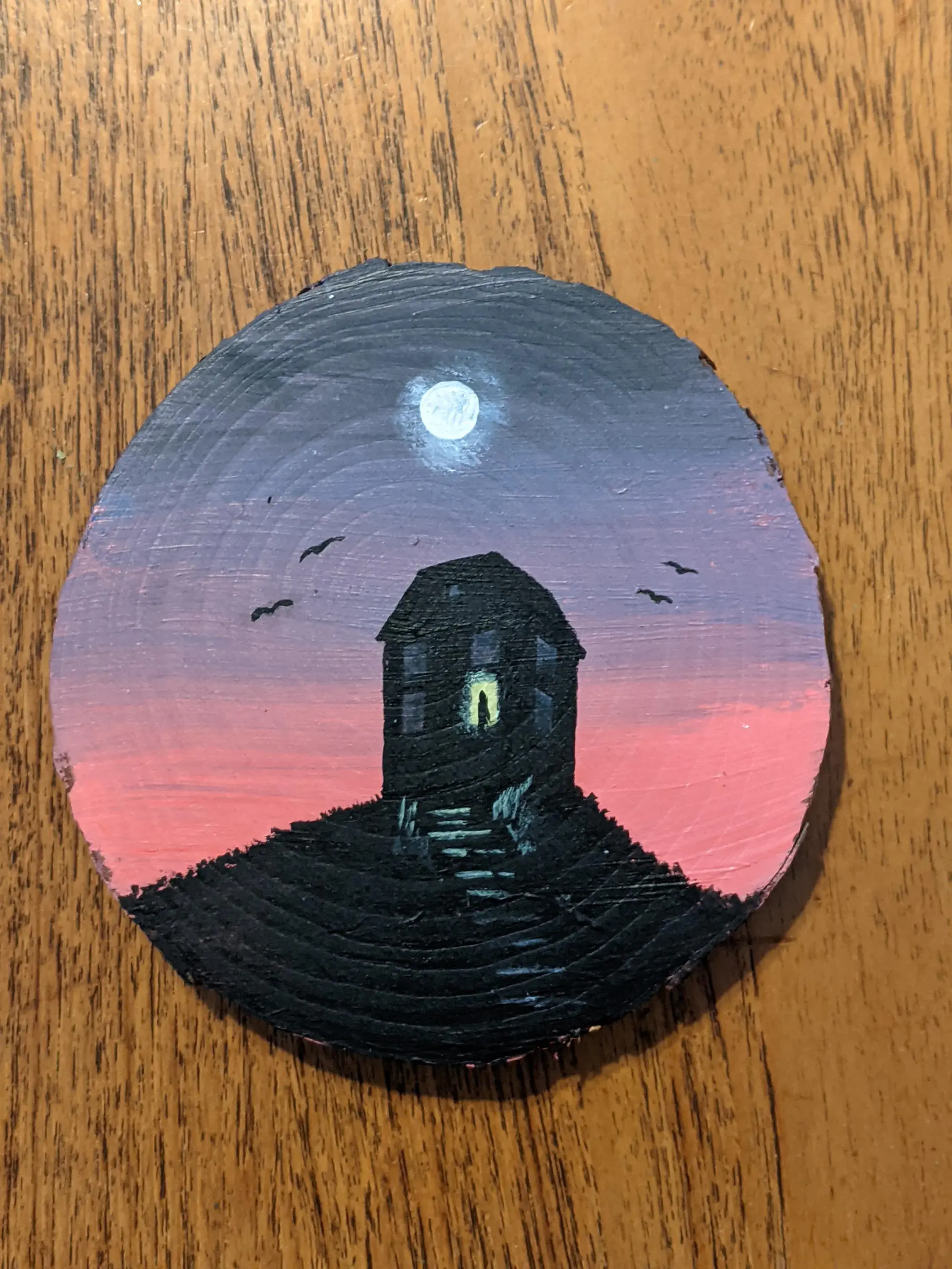 Haunted House Painted Log Slice - Gothic/Samhain/Halloween Design