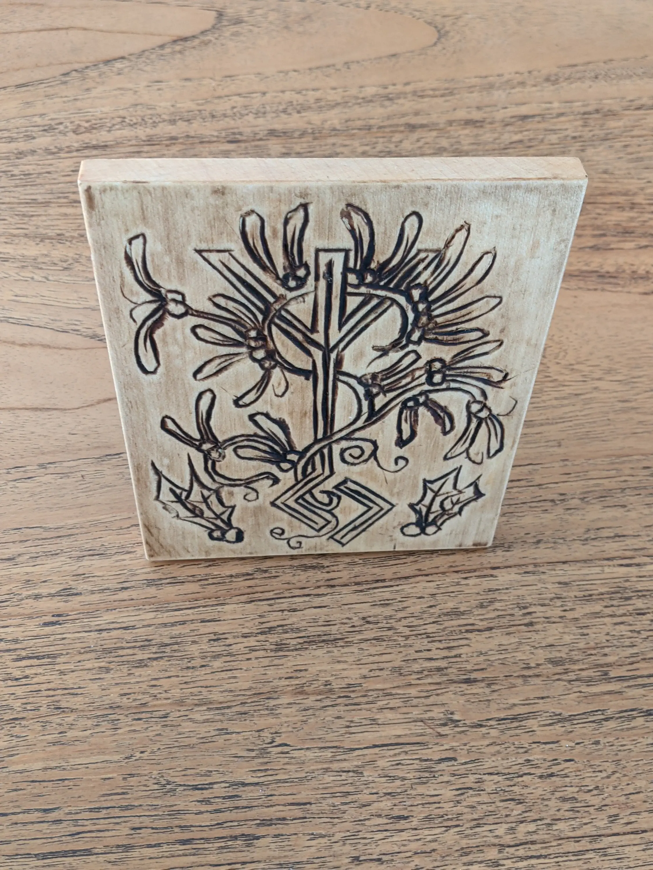 Carved Sycamore Plaque - Yule Algiz Rune Festive Design