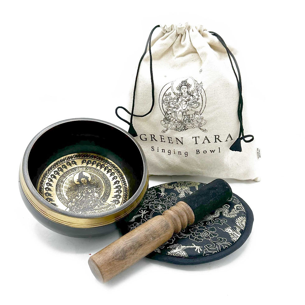 Thumbnail: Hand Beaten & Engraved Singing Bowl Gift Set - 14cm - Green Tara