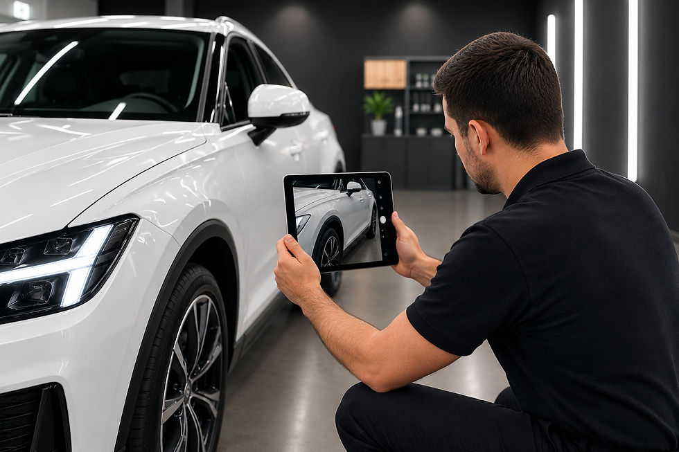 Zustandsprüfung eines Fahrzeugs mit Fotodokumentation vor der Überführung