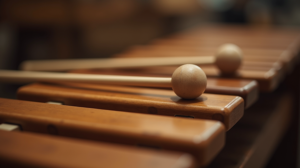 Close-up view of a wooden xylophone with mallets