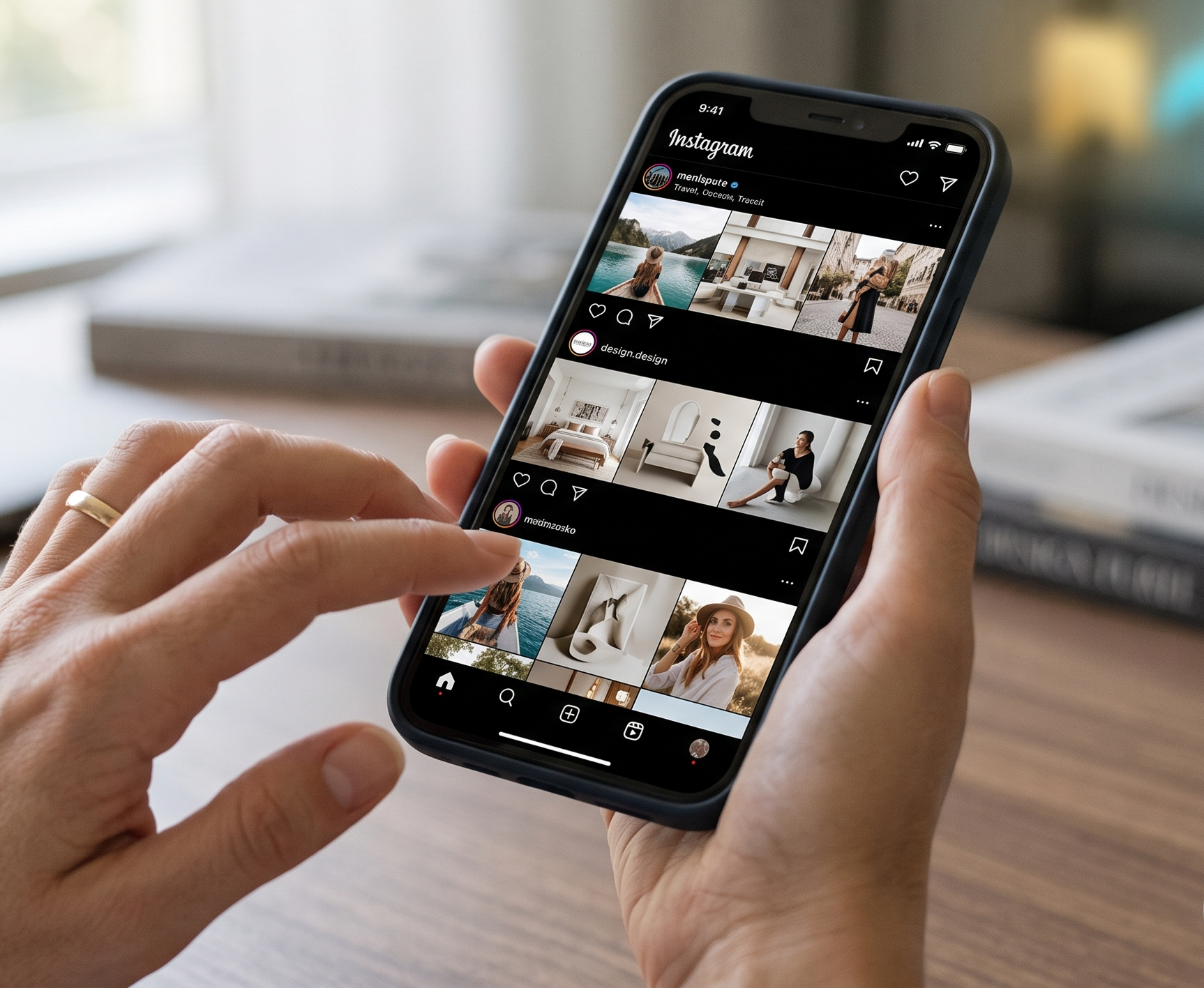 Mains tenant un smartphone affichant Instagram, avec un fil de photos; fond flou lumineux, tasse de café sur la table.