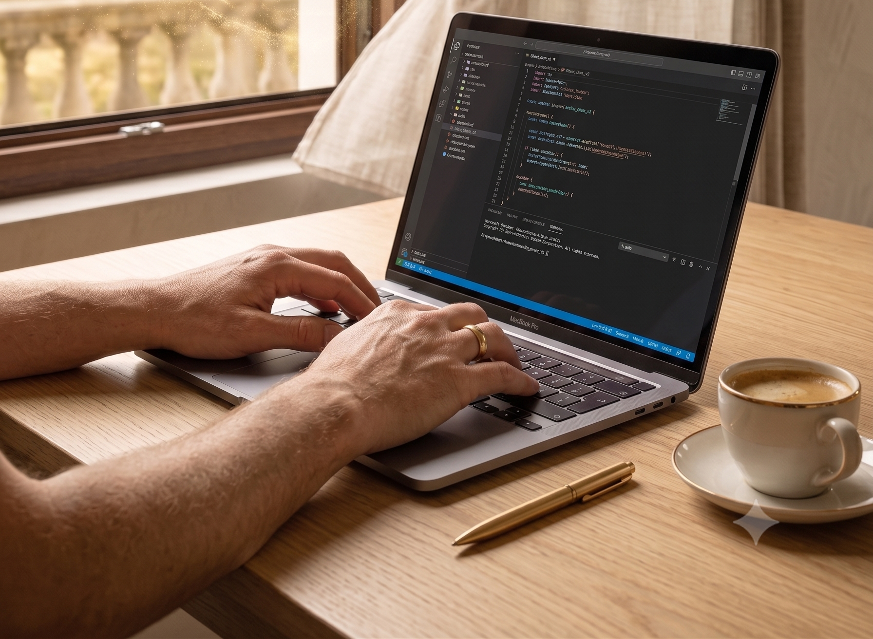 Mains tapant du code sur un MacBook près d’une fenêtre ensoleillée, avec café, stylo et rideau beige.