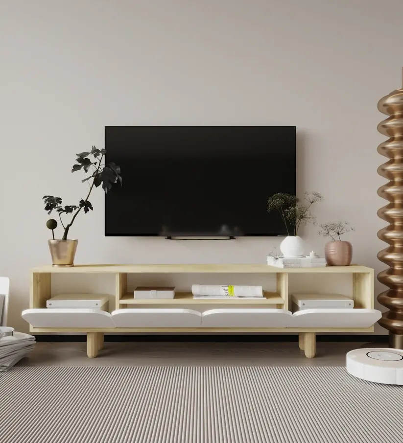 Küçük resim: Lazio Bohem Ahşap Ayaklı Tv Ünitesi Tv Sehpası Safir Meşe-Beyaz