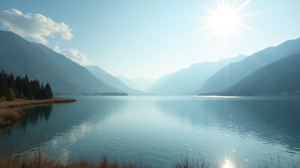 Wide angle view of a serene landscape with a calm lake and mountains in the background