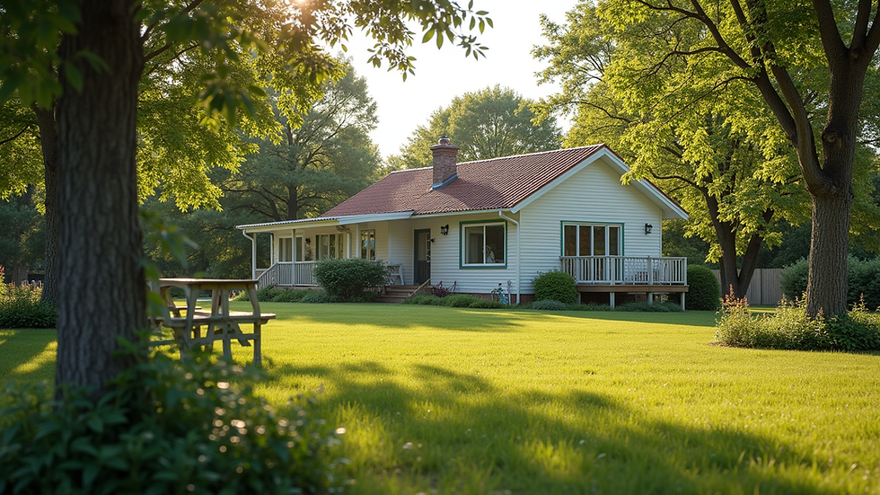 Wide angle view of a peaceful retirement home surrounded by nature