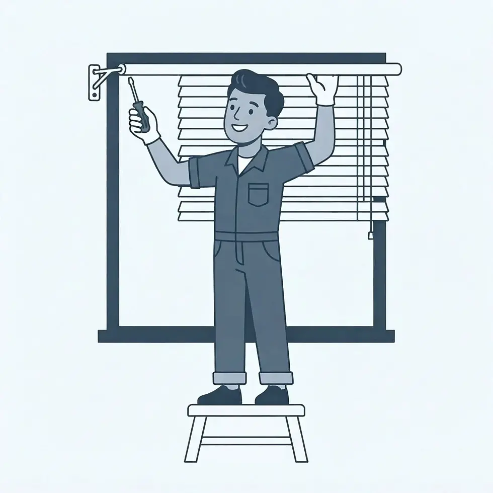 Digital illustration of a worker standing on a stool using a screwdriver to install window blinds. The style is clean and minimalist with a monochromatic blue color palette.