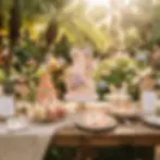 Event photography of a lavish dessert table laden with a tiered cake, macarons, cupcakes, and cookies. Set outdoors amidst lush tropical foliage under warm, golden sunlight, suggesting a joyous celebration.