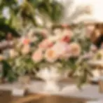 Floral arrangement photography. A lush centerpiece overflowing with soft pink and peach roses and dahlias sits in a decorative white urn on a table set for an outdoor event.