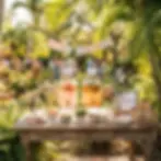 Outdoor photography of a table laden with two large drink dispensers, snacks, and floral decorations, set up for a garden baby shower.