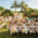 Outdoor photography of a festive garden party. Women are seated at a table decorated with flowers and balloons for a celebratory event.