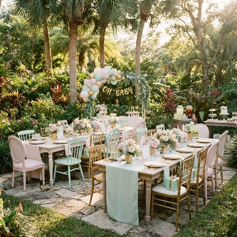 Outdoor event photography. A beautifully decorated garden setting with tables set for a festive baby shower, adorned with balloons and floral arrangements.