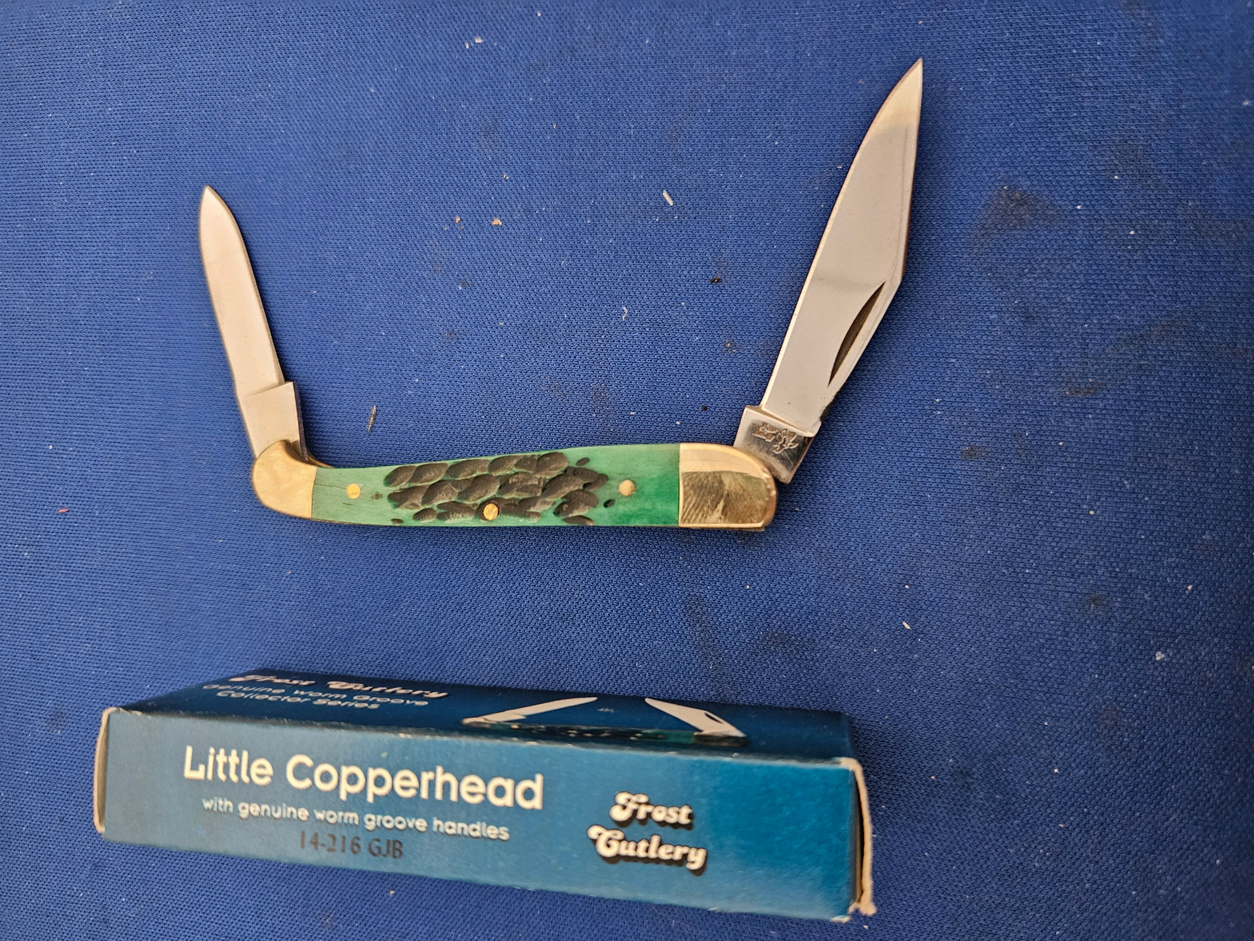 Little Copperhead by Frost Cutlery with Green Worm Groove Bone Pocket Knife 14-