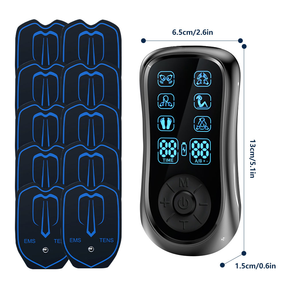 Dual channel TENS EMS muscle stimulator controller with electrode pads, 6.5 by 13 centimeters