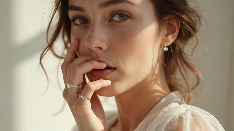 Woman wearing different diamond jewelry pieces.