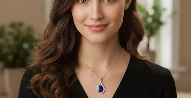 woman wearing a blue sapphire diamond pendant