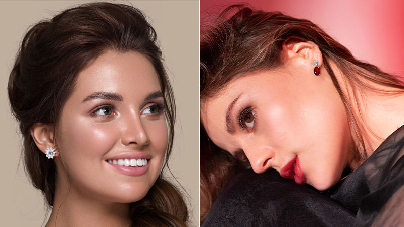 collage of two women- one wearing diamond earrings