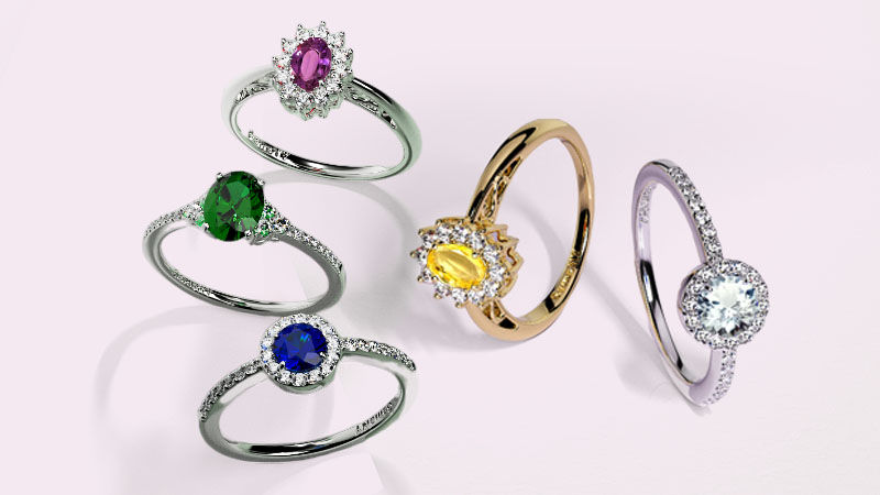 collage of blue, green, lavender, yellow, white sapphire ring