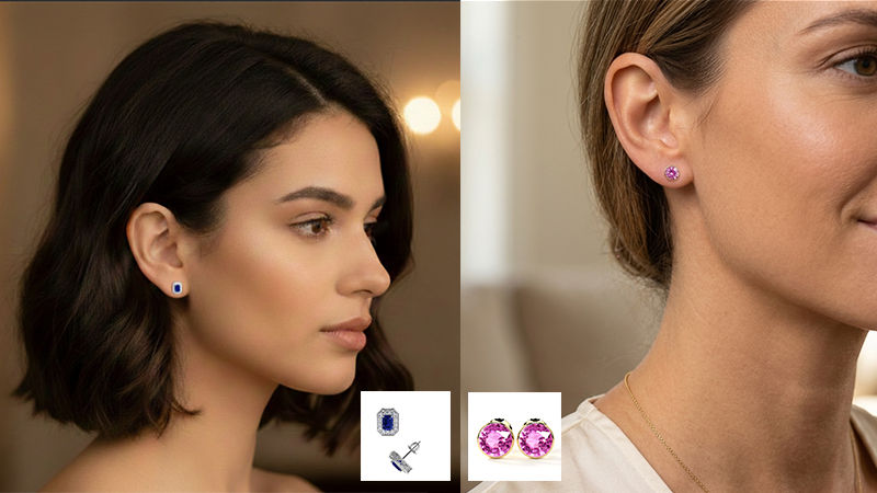 two women wearing blue sapphire studs