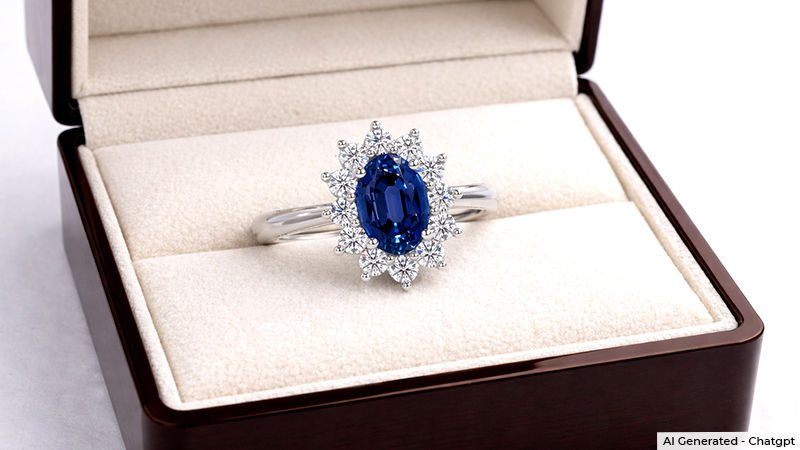 close-up image of Princess Diana’s blue sapphire and diamond engagement ring