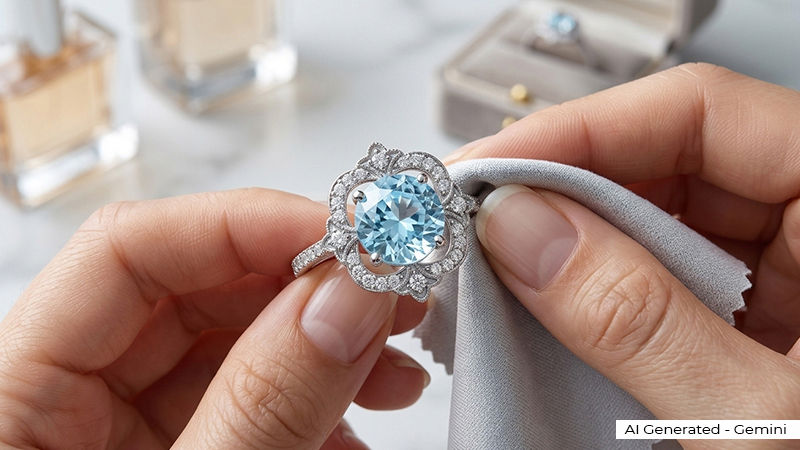 cleaning an aquamarine ring with a soft cloth