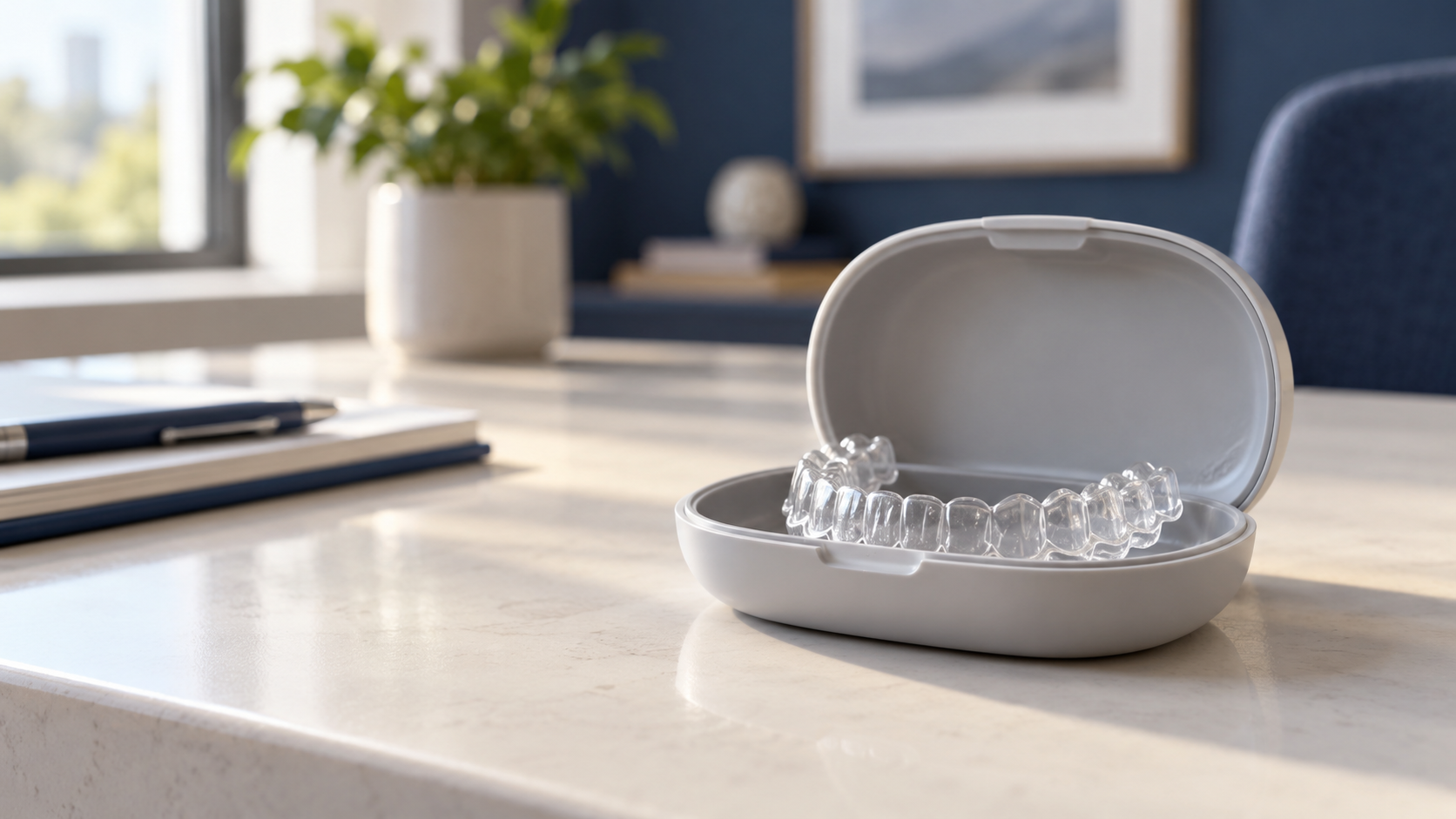 Clear dental aligner resting in its case