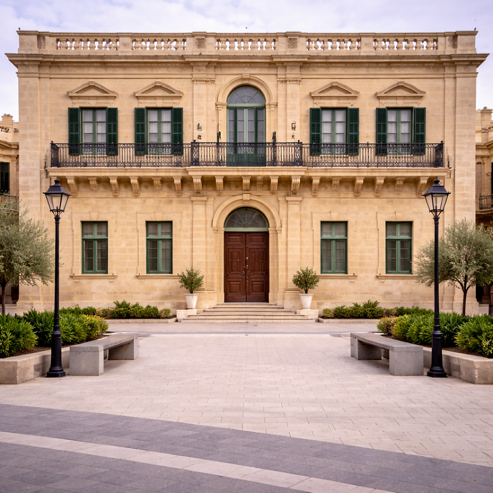 Symmetrical limestone civic building with green shutters and wrought-iron balcony overlooking a landscaped public square.