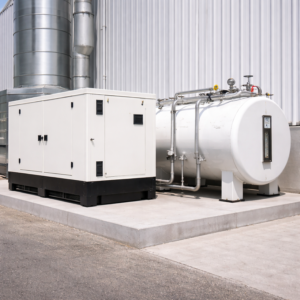Industrial diesel storage tank connected to an enclosed backup generator on a concrete plinth beside a facility wall.