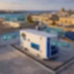 Backup generator installed on a rooftop with IoT monitoring displaying runtime, fuel level, and battery voltage.