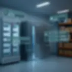 Cold storage room with refrigerators and IoT temperature monitoring interface showing cold room conditions.