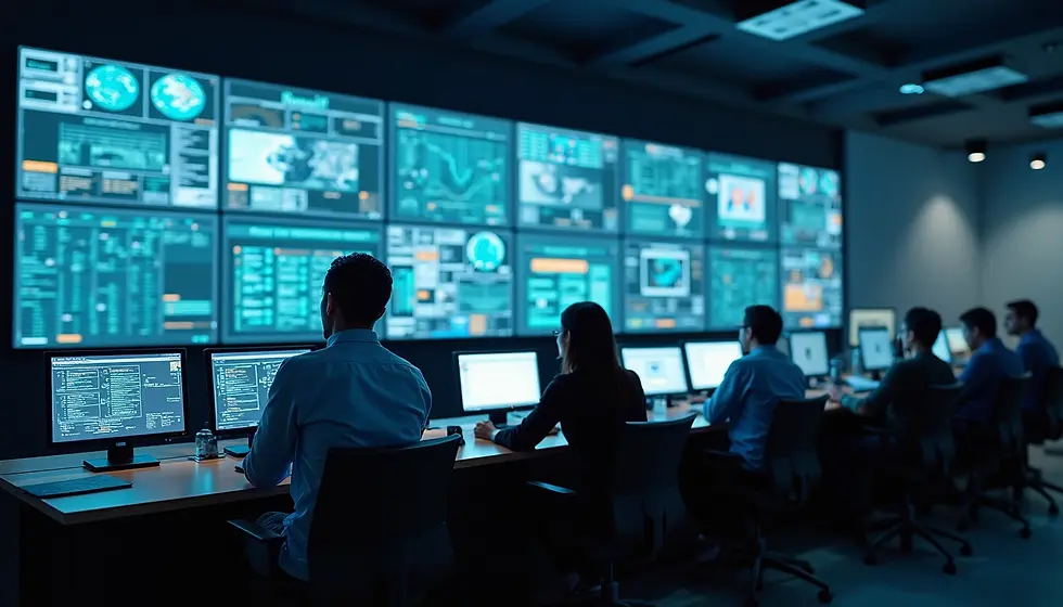 High angle view of a smart city control room with multiple screens