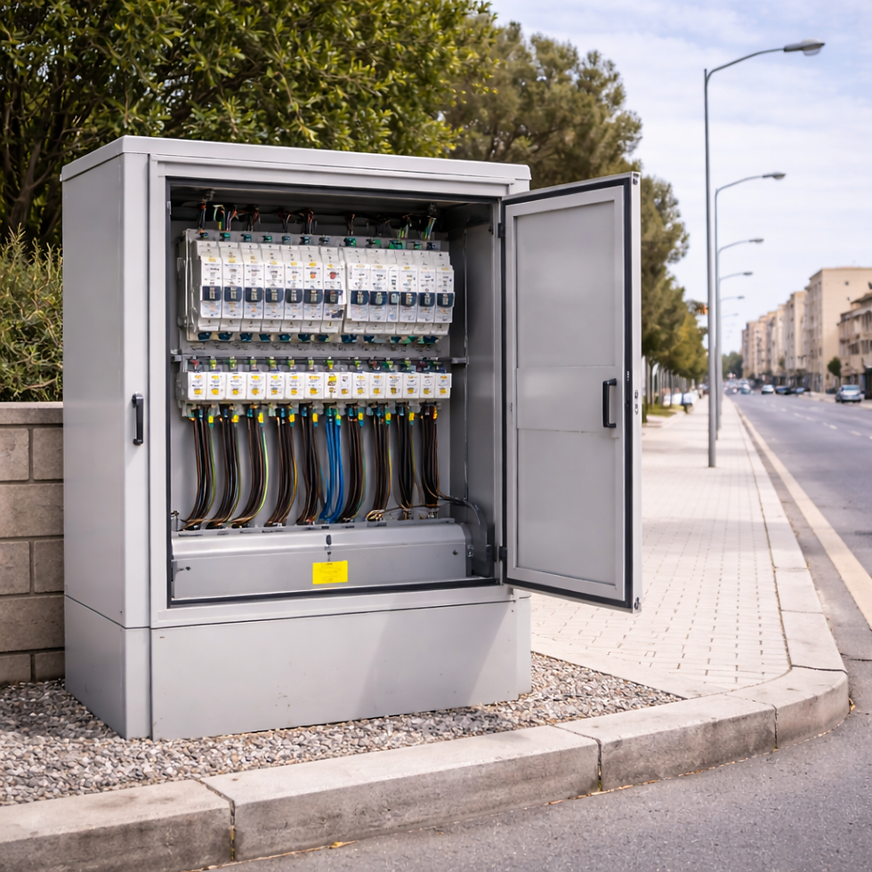 Open roadside electrical distribution cabinet showing multiple breakers and organised wiring beside a paved urban street.