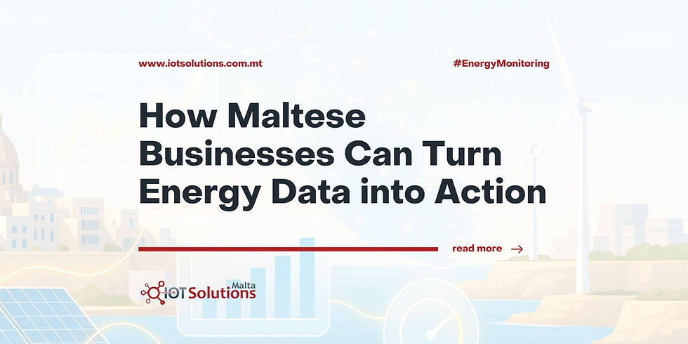 Sunlit Maltese coastline with a glowing Malta map, solar panels, wind turbines, and floating energy charts suggesting real-time monitoring.