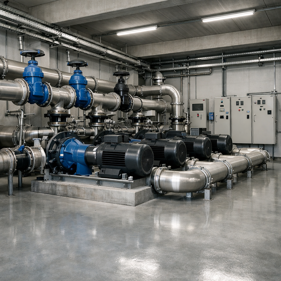 Interior of a municipal water pumping station with large pumps, stainless steel pipes and electrical control panels.