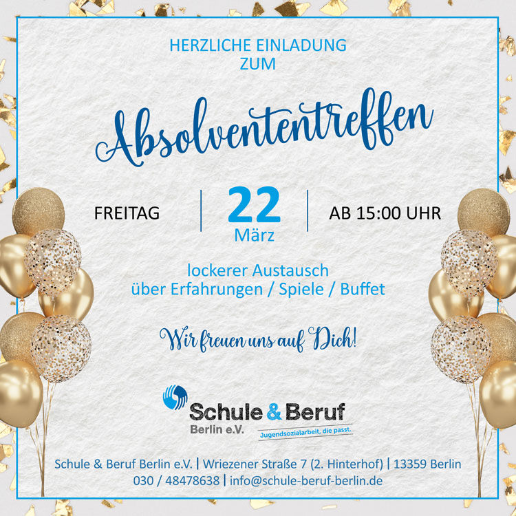 Einladung zum Absolvententreffen bei Schule & Beruf am 22.03.24