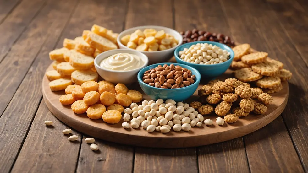 Eye-level view of an assortment of protein snacks on a wooden table