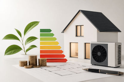 Modernes Einfamilienhaus mit Wärmepumpe, Energieeffizienzskala und Förderunterlagen als Symbolbild für die Frage „Was ist KfW Förderung“ und staatliche Förderungen für energetische Sanierungen.