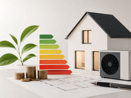 Modernes Einfamilienhaus mit Wärmepumpe, Energieeffizienzskala und Förderunterlagen als Symbolbild für die Frage „Was ist KfW Förderung“ und staatliche Förderungen für energetische Sanierungen.