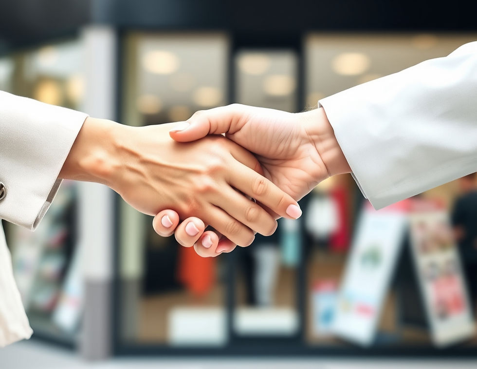 business handshake between a man and woman, showing only arms and hands, with a retail bui