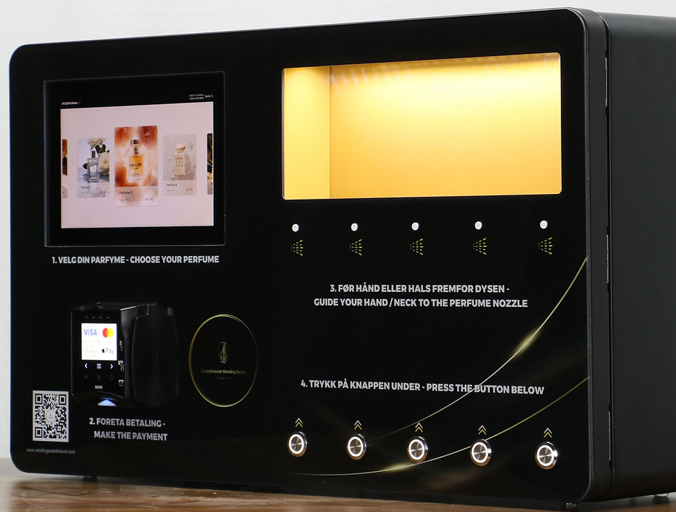 Perfume vending machine with touchscreen display and payment options, text with instructions in English and Norwegian, sleek black design.