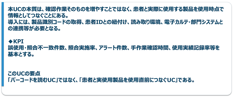 白地に濃い青字の説明スライド。UCの本質、KPI、そしてバーコードを読むUCではなく患者と実使用製品をつなぐUCと記載。